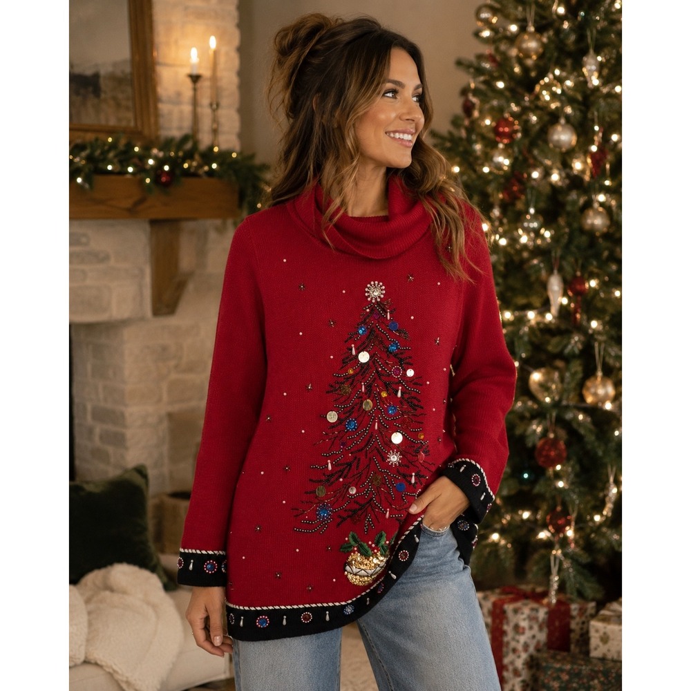Victoria Jones Red‎ Beaded Christmas Tree Cowl Neck Sweater Womens Medium 321823